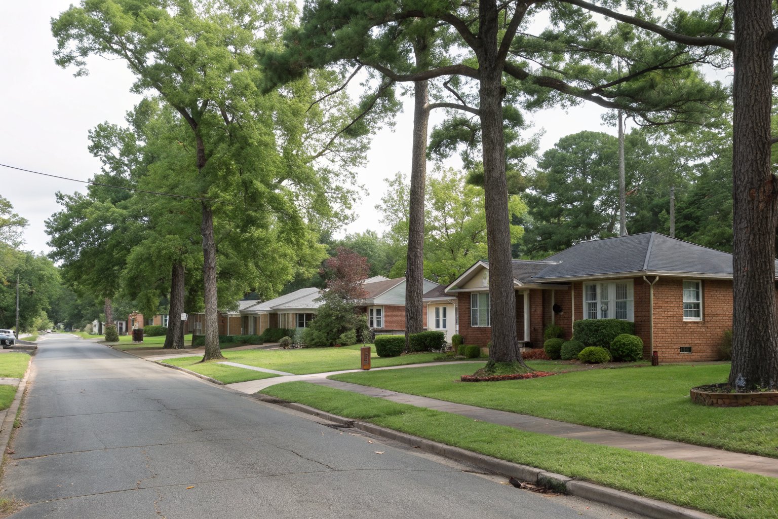 Street of small 1950s one-story brick homes under tall oaks and pines