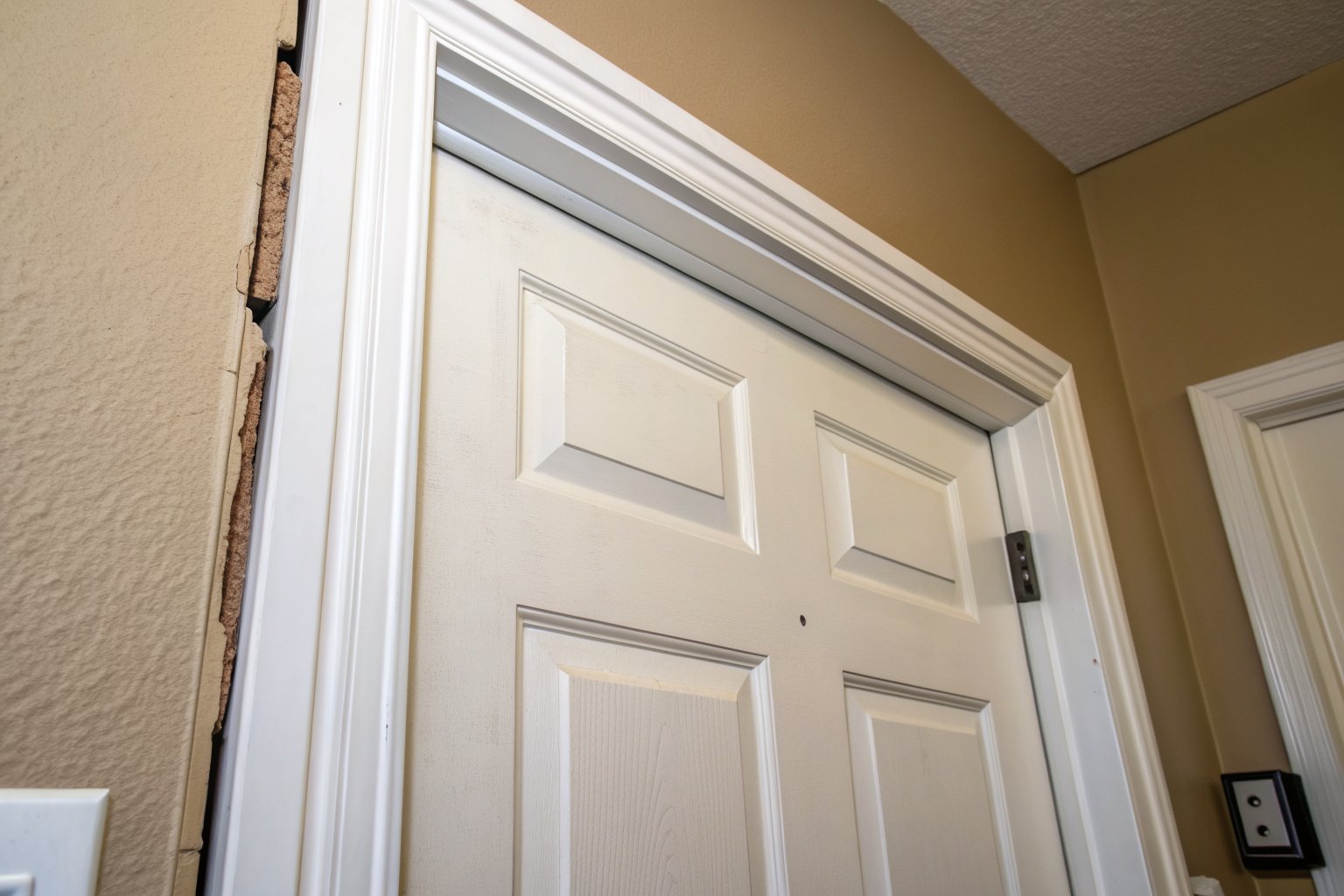 White interior door whose frame is pulling away from a cracked drywall wall