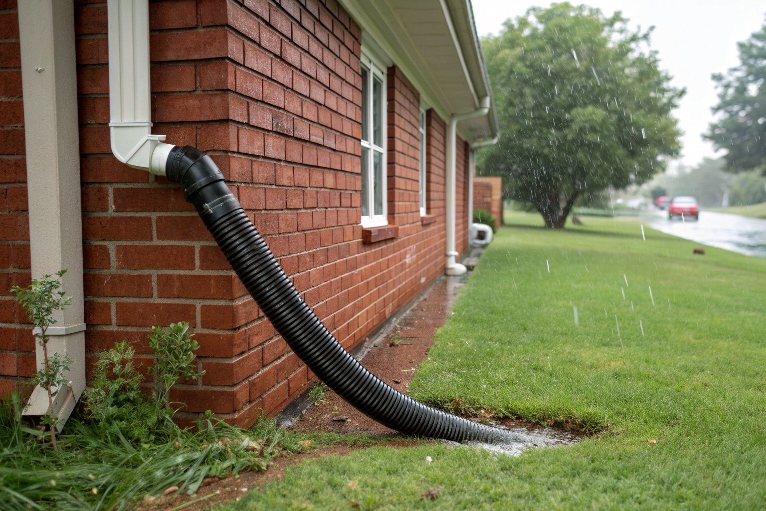 Black downspout extension carrying rainwater away from a red brick house across a lawn