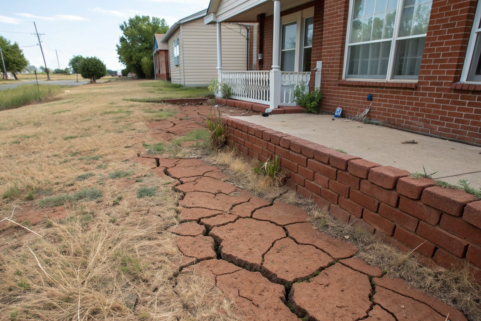 Dry clay soil split into deep cracks beside a brick foundation