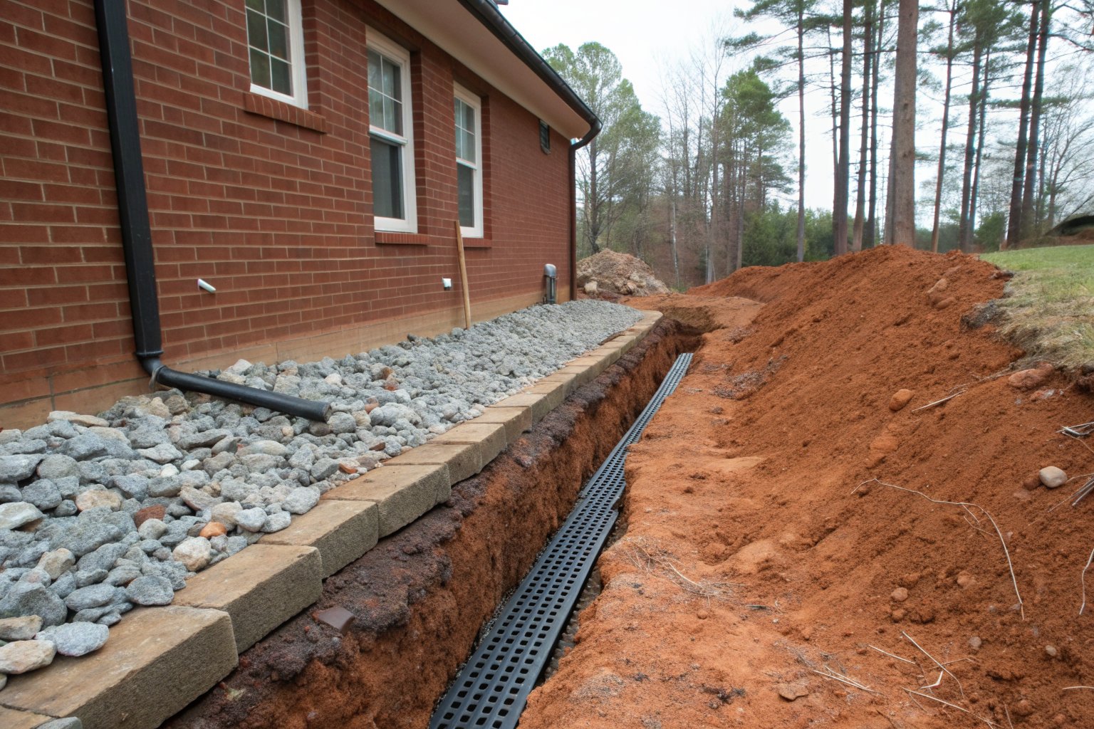 Gravel-filled drainage trench along a red brick wall, with clay soil piled beside it