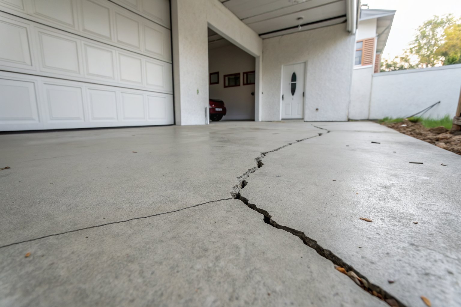 Long crack across a gray concrete garage floor, one side slightly raised