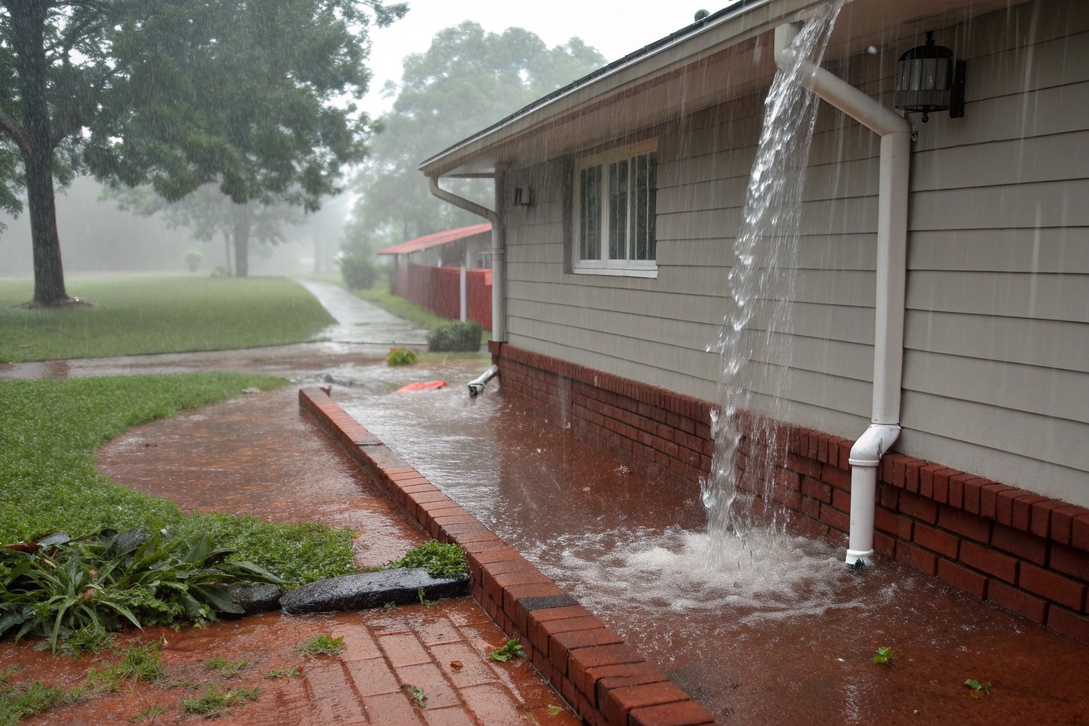 Gutter overflowing in heavy rain onto bare clay against a red brick foundation