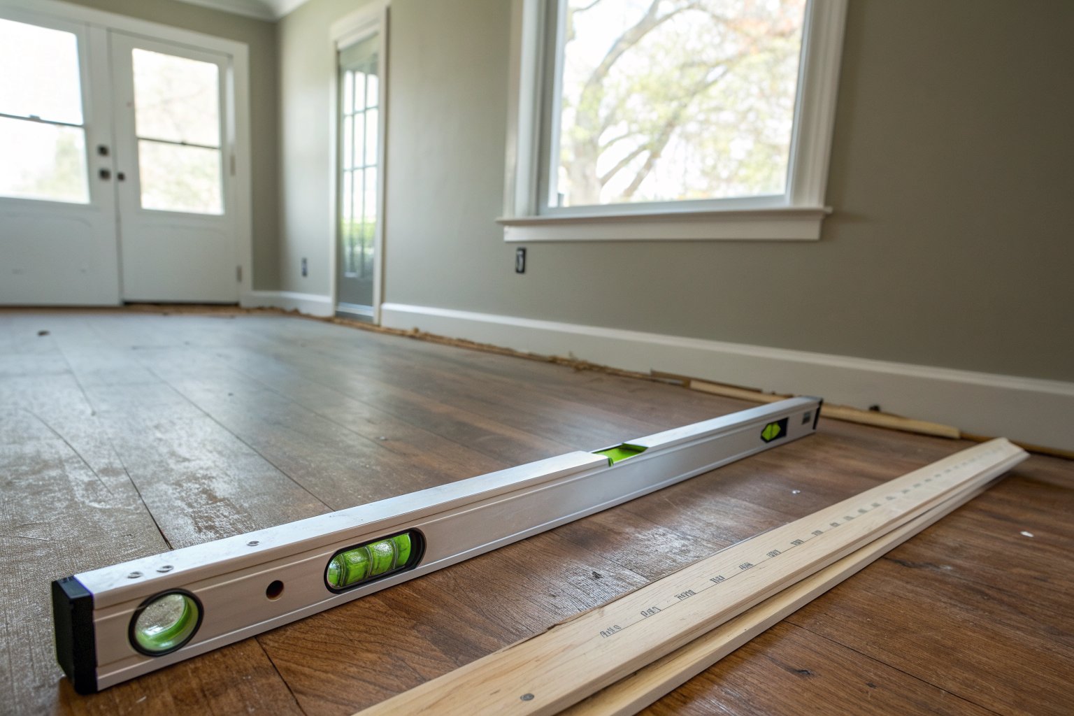 Long aluminum bubble level and a wooden straightedge lying on a hardwood floor