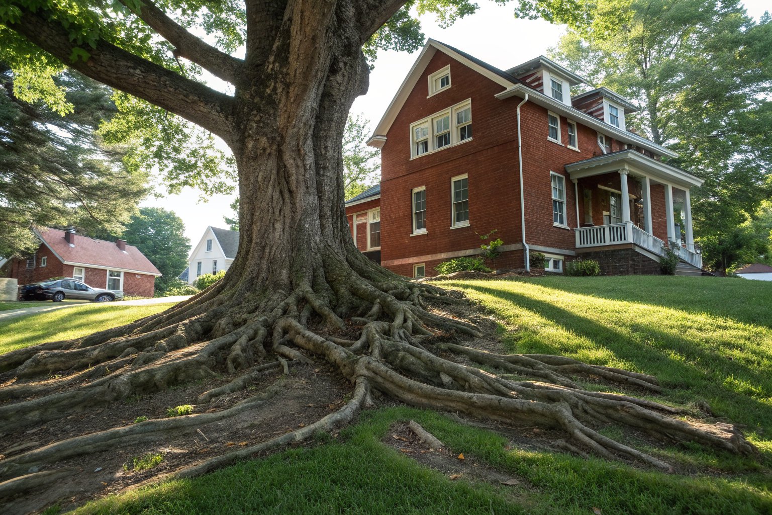 Large oak roots spreading across a lawn toward the foundation of a red brick house