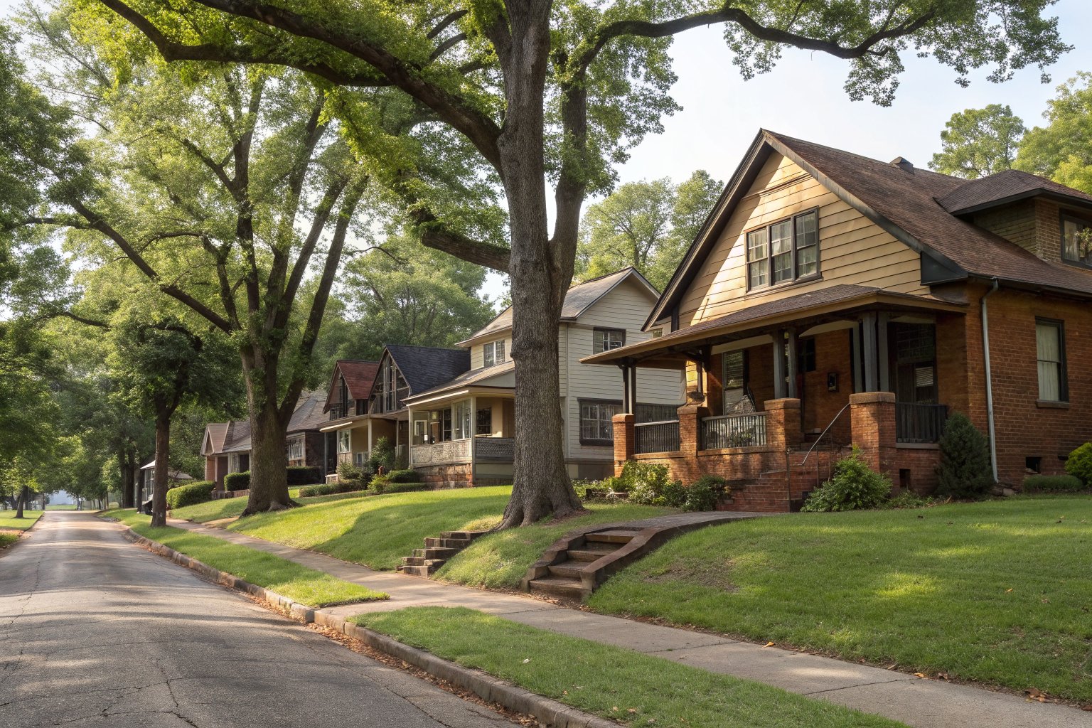 Older wood-sided and brick bungalows with deep front porches under big oak trees