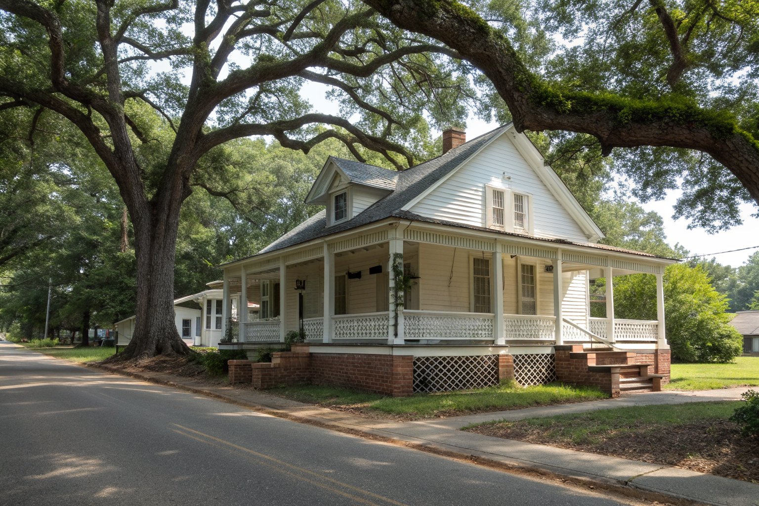 Older white wood-frame house raised on brick piers with lattice skirting and a front porch