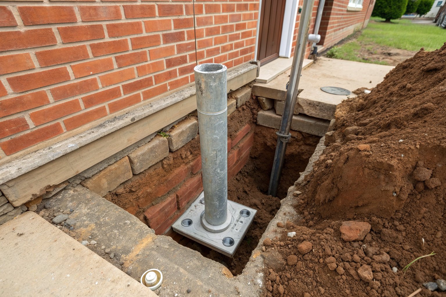 Excavated hole beside the concrete footing of a red brick house, with a steel pier bracket bolted to the footing