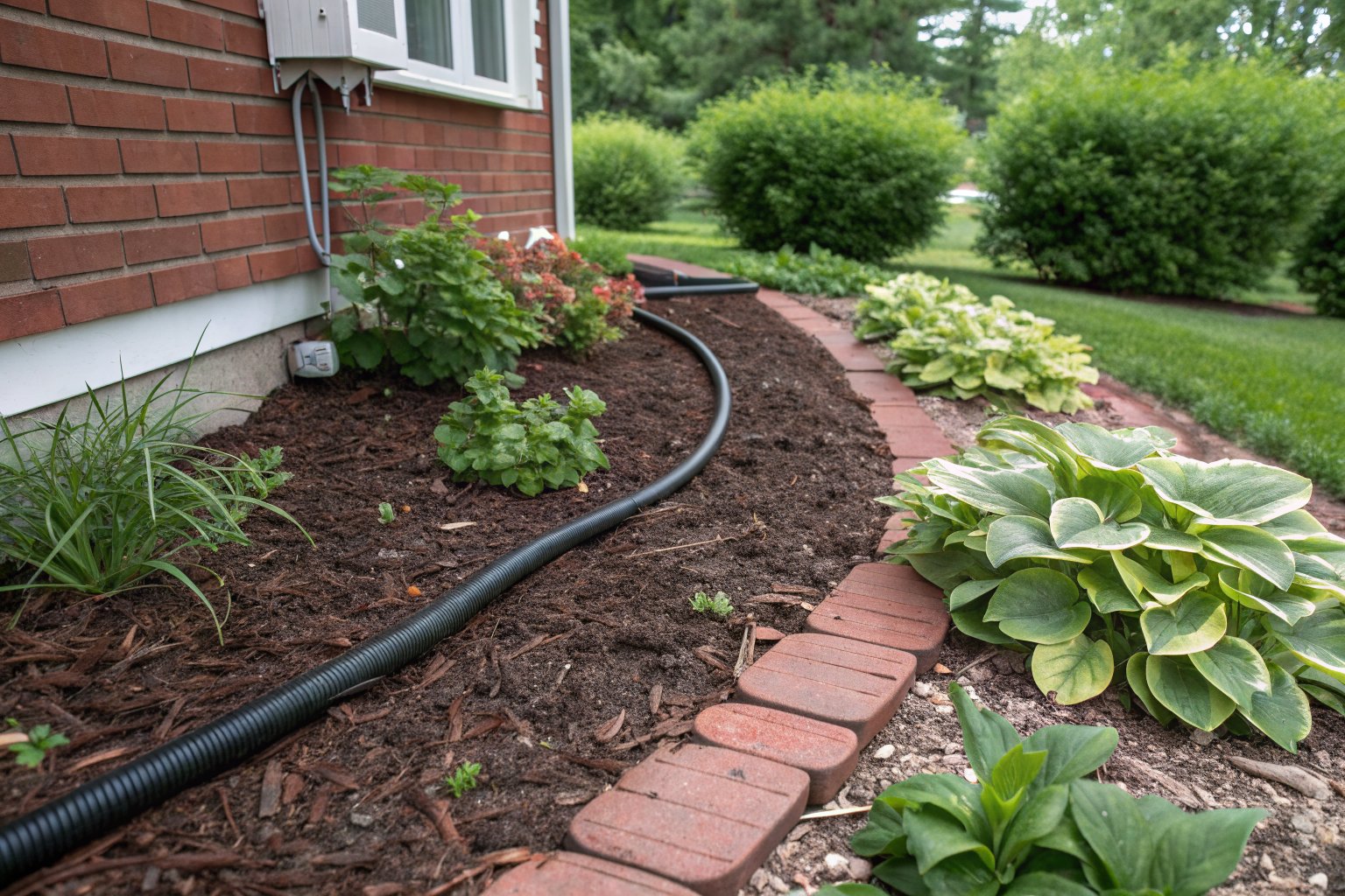 Black soaker hose laid along a brick foundation in a mulched flower bed