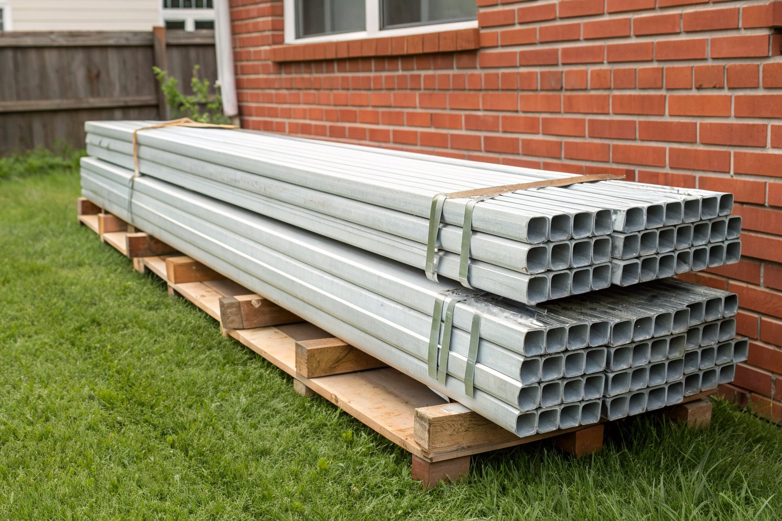 Stack of galvanized steel pipe sections strapped on a pallet beside a red brick house