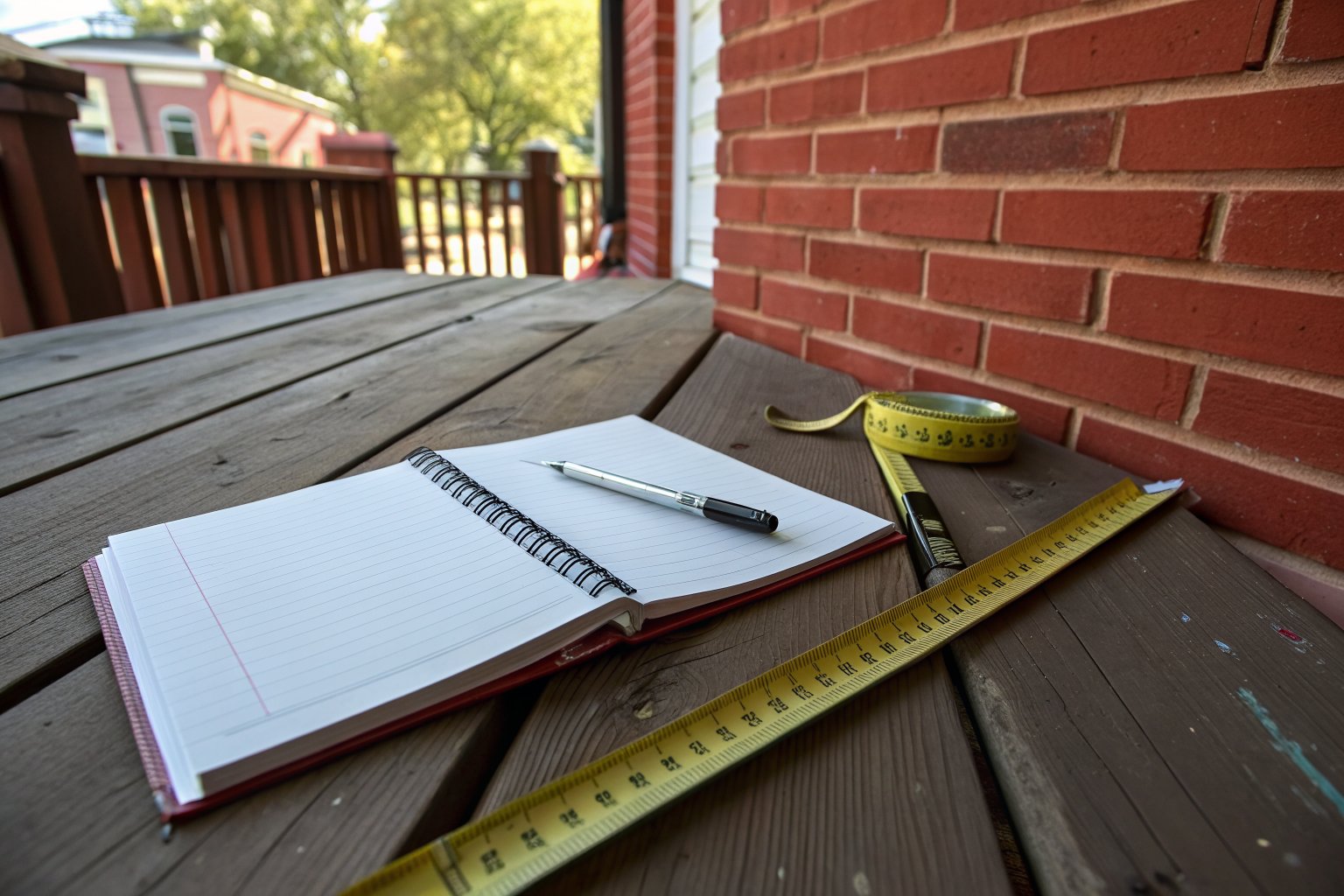 Blank notepad, a pen and a tape measure on a wooden porch table beside a brick wall
