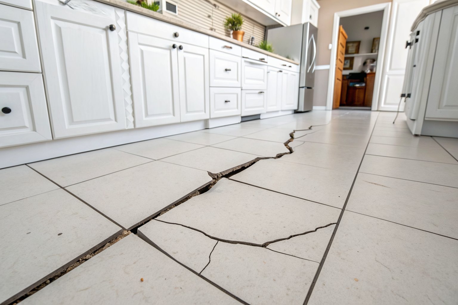 Cracked ceramic floor tiles in a bright white kitchen