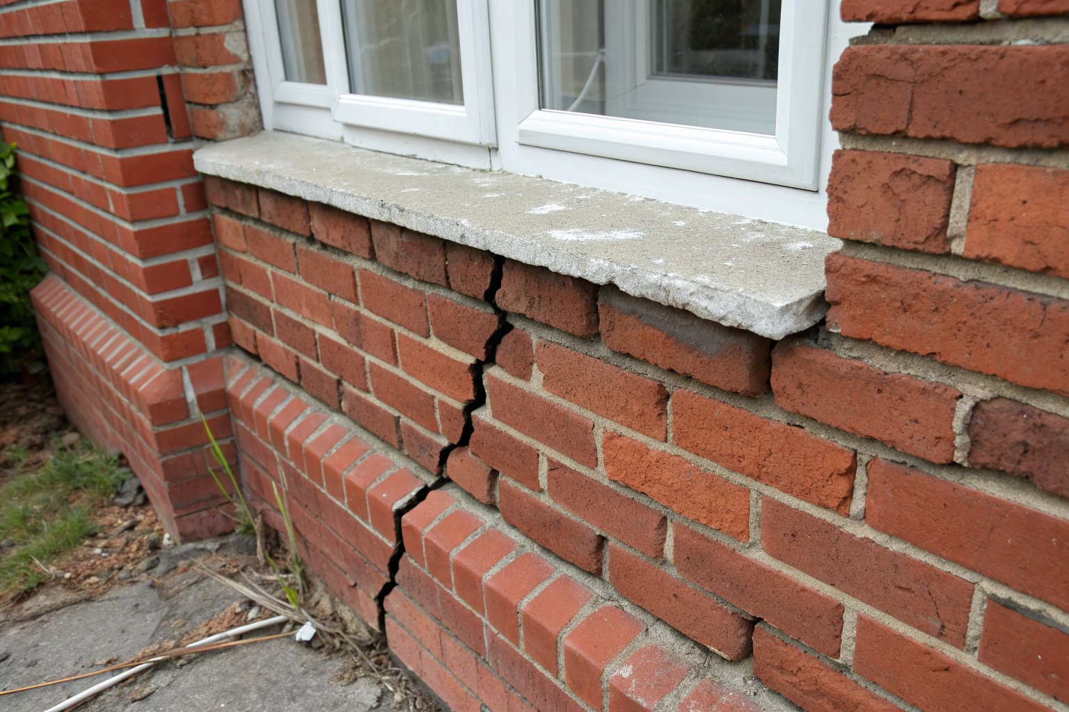 Crack running diagonally from the lower corner of a window through red brick